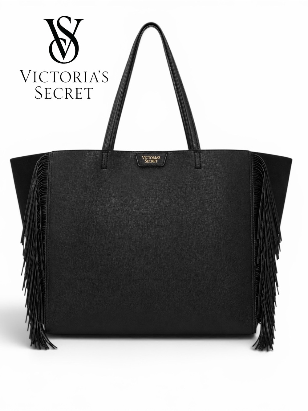 Victoria’s Secret XL Black Vegan Leather Fringe Tote Bag Boho Rockstar Tote